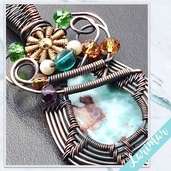 Larimar Silver & Brass Beaded Artisan Wire Wrap Pendant 2.6” (Pale Blue, Brown) - Picture 2 of 2